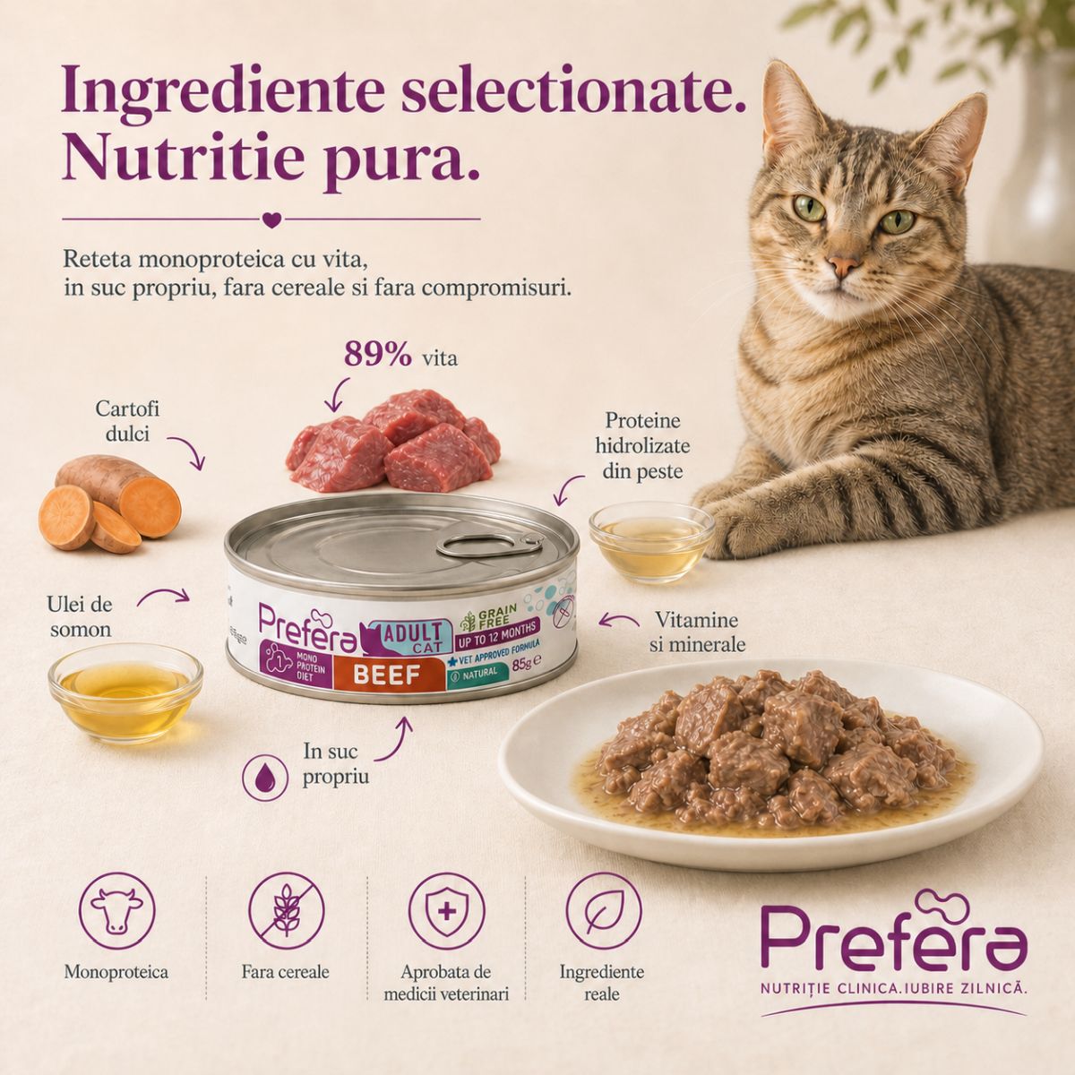 PREFERA MPD, Vită, dietă veterinară, conservă hrană umedă monoproteică fără cereale pisici, (în suc propriu), 85g - imagine 5